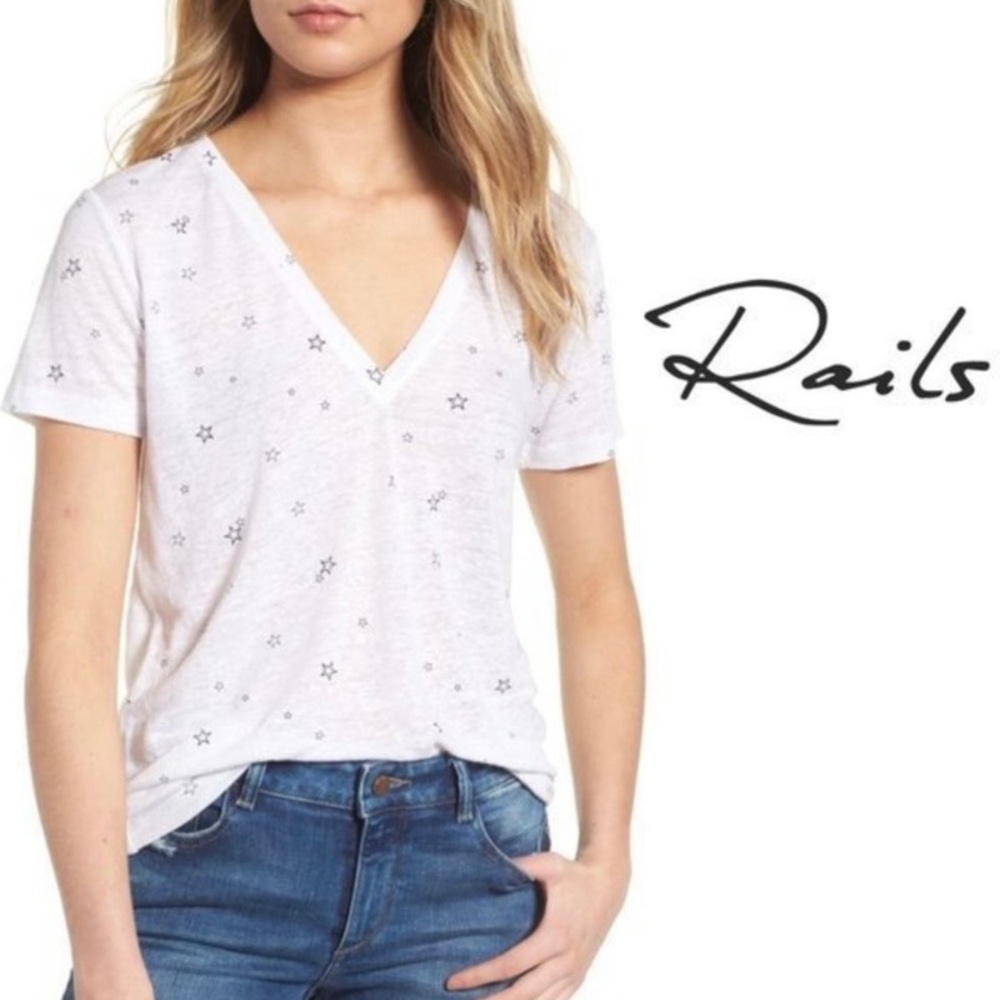 Rails Linen V Neck Top Shirt Tee Cara White Black Star Bright Short Sleeve XS